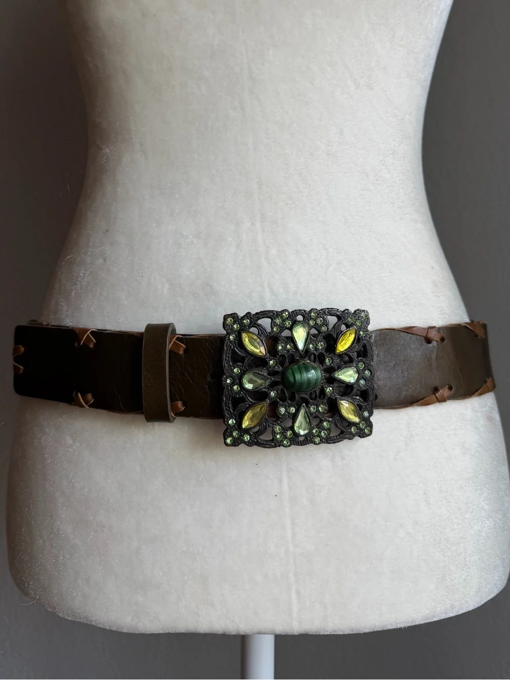 Vintage Brown Belt Green Jeweled Statement Buckle Boho Western Cottage
